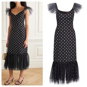NWT Staud Marwa Polka Dot Tulle Ruffle Midi Dress